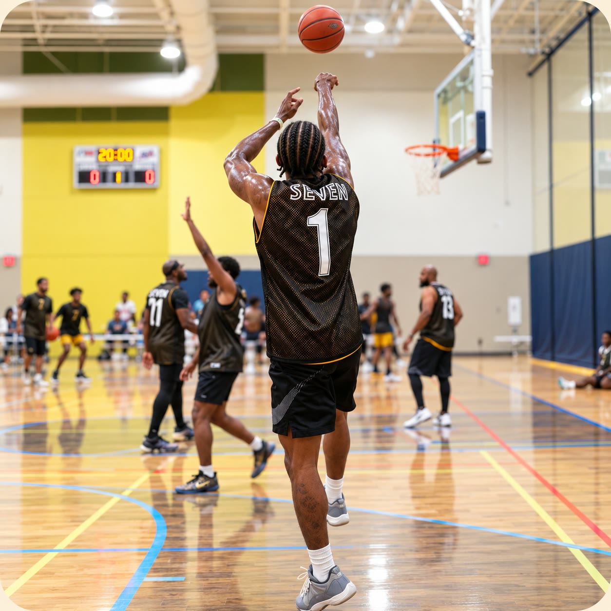 A player in a Seven jersey shooting a basketball.