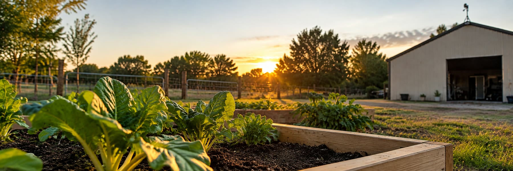Raised garden beds at sunset, with a metal building and trees behind them.