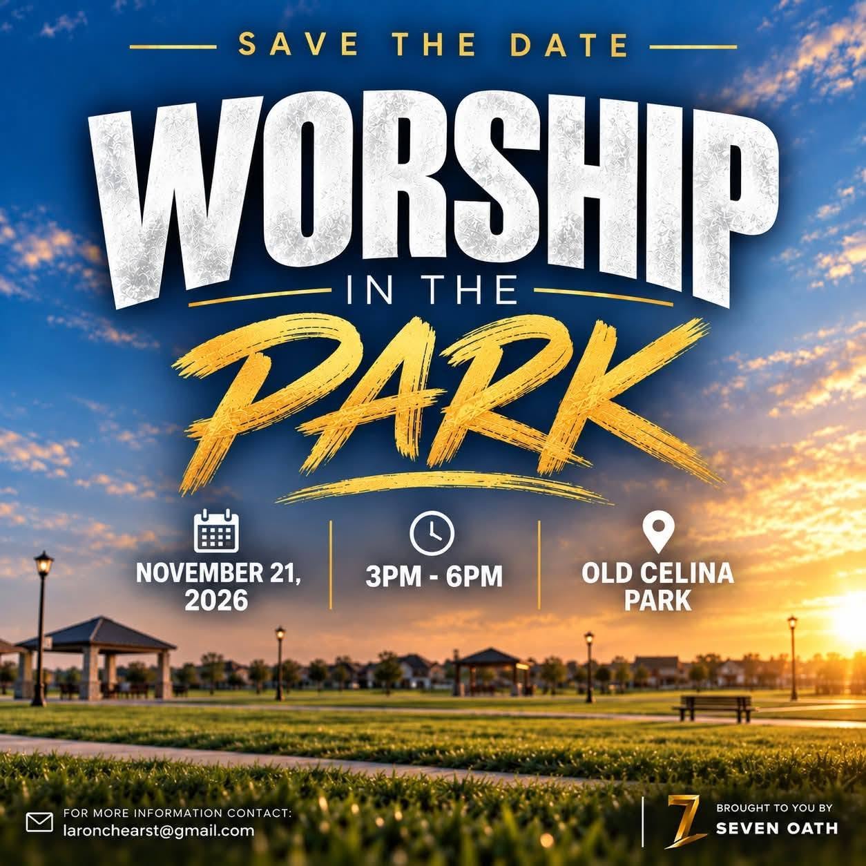 Worship in the Park flyer for November 21, 2026, 3 PM to 6 PM, at Old Celina Park.
